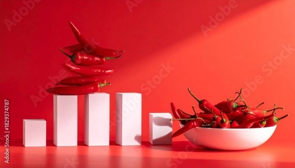 Fototapeta Red chili peppers stacked on white blocks next to a bowl of peppers on a vibrant red background.