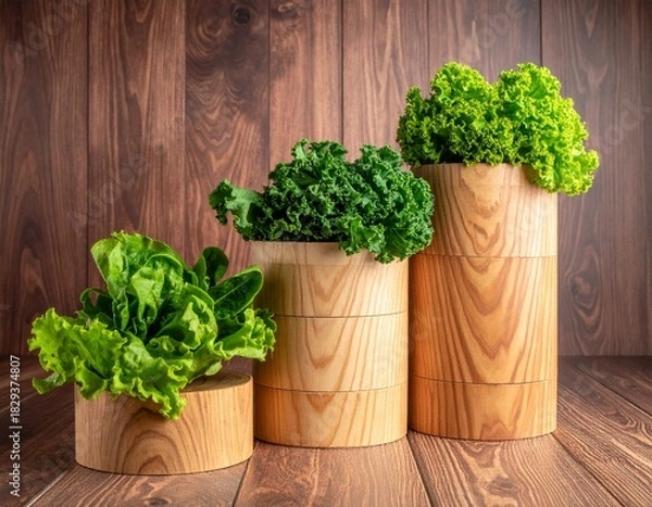 Fototapeta Three wooden containers filled with fresh green leafy vegetables on a rustic wooden background.