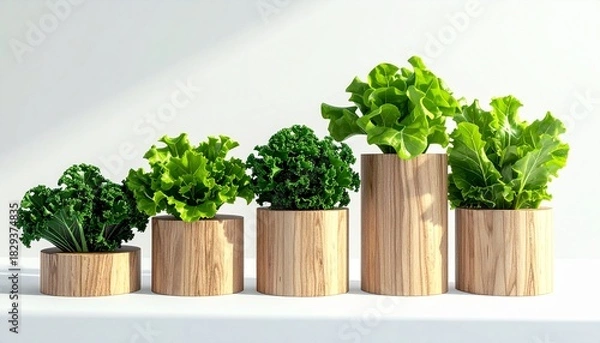 Fototapeta Five wooden pots with various green leafy plants growing in a row, showing different stages of growth.
