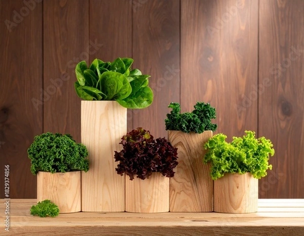 Fototapeta Various fresh green and red leafy vegetables displayed artfully in wooden planters on a rustic wooden table.