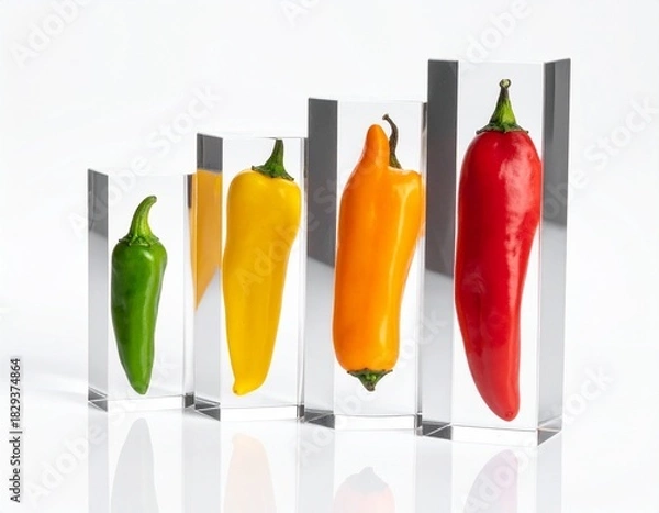 Fototapeta Four colorful peppers of increasing size, from green to red, each encased in a clear acrylic block, arranged in a rising step formation on a white background.