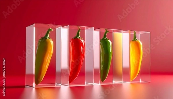 Obraz Five colorful chili peppers individually encased in clear acrylic blocks on a vibrant red background.