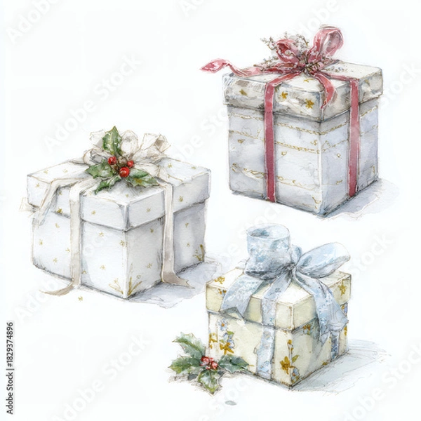 Obraz Watercolor Illustration of various red Christmas gift box on white background, AI generated