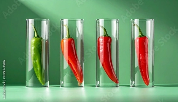 Fototapeta Four chili peppers, one green and three red, standing upright in clear glass tubes against a vibrant green background.