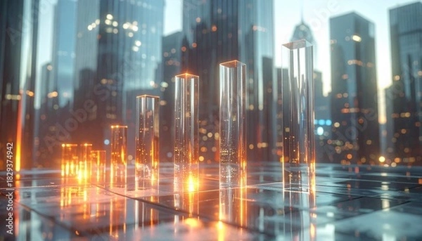 Fototapeta Futuristic cityscape with glowing cylindrical structures and reflective ground.