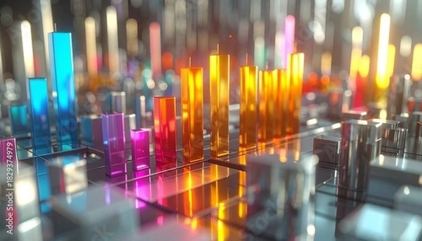 Fototapeta Vibrant abstract cityscape of glowing data bars on a reflective surface, representing digital information and technology.