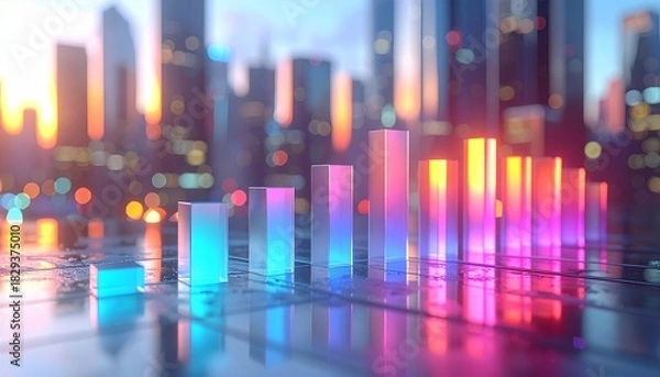 Obraz Vibrant glowing bar graphs representing data analytics in a modern city skyline at sunset.