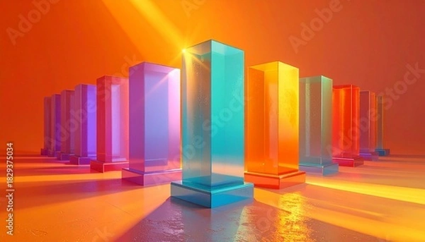 Fototapeta Row of colorful translucent rectangular pillars with light reflections on a warm orange background.