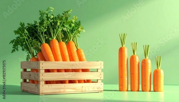 Fototapeta Fresh orange carrots with green tops in a wooden crate and arranged by size on a light green background.