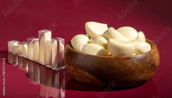 Fototapeta Peeled garlic cloves in a wooden bowl next to a transparent bar graph on a red background.