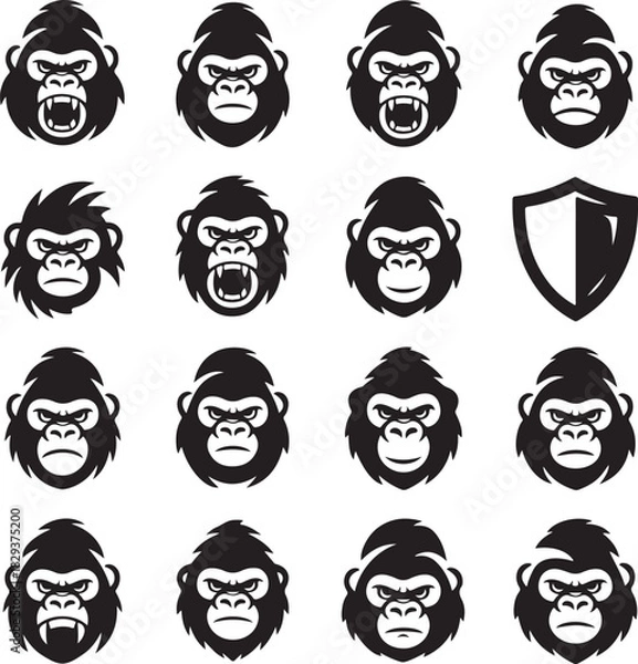 Obraz Vector Graphic of Angry Gorilla Faces with a Shield Icon Pattern
