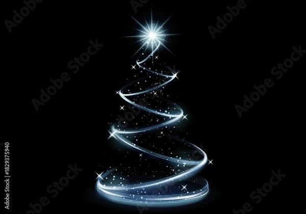 Obraz Blue Christmas Tree LED Neon Glow  with Shimmering Spiral Lights and Sparkling Festive Effect