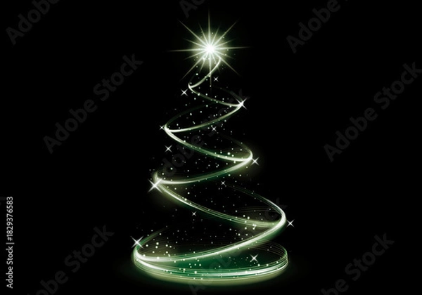 Obraz Green Christmas Tree LED Neon Glow with Shimmering Spiral Lights and Sparkling Festive Effect