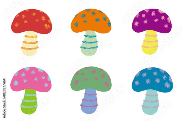 Obraz カラフルなキノコのイラスト　ベニテングタケのイメージ　クリップアート　挿絵　png　セット