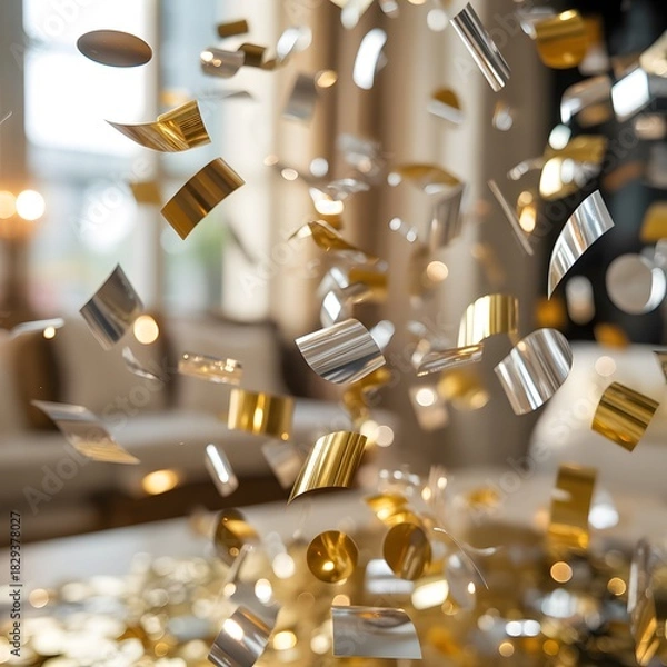 Fototapeta Gold and silver confetti falling with blurred background for celebration
