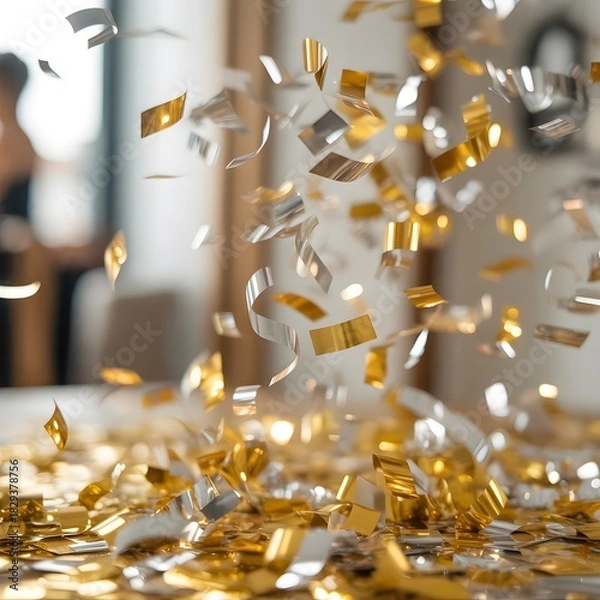 Fototapeta Gold and silver confetti raining down in focus with blurred background