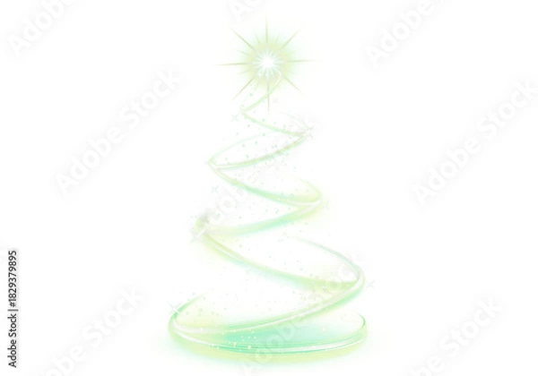 Obraz Green Christmas Tree LED Neon Glow on Transparent Background with Shimmering Spiral Lights and Sparkling Festive Effect