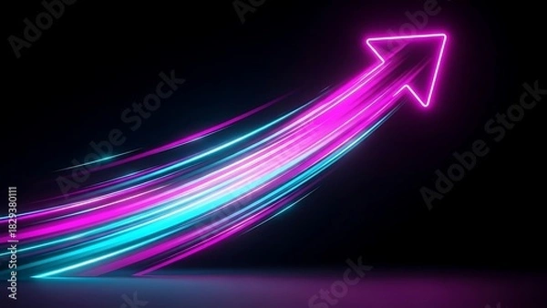 Fototapeta A vibrant neon arrow streaks upwards against a dark backdrop, symbolizing growth, progress, and forward momentum in a dynamic way