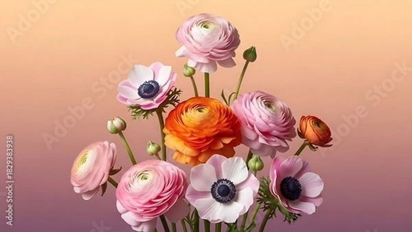 Fototapeta A vibrant bouquet of ranunculus and anemone flowers in full bloom, set against a soft gradient background, creating a warm and inviting scene