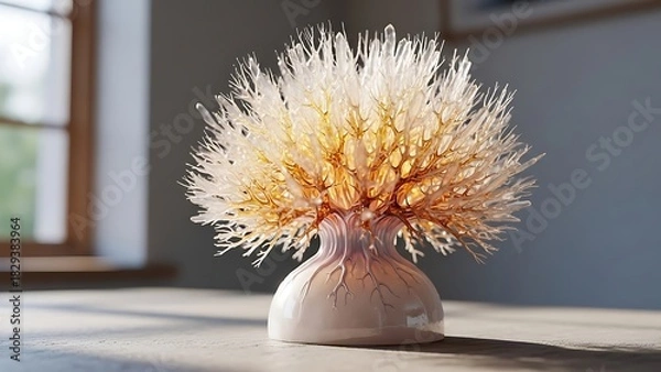 Fototapeta A captivating closeup of a decorative vase with delicate, feathery plumes, casting soft shadows in a serene interior setting