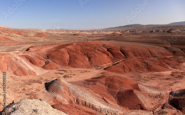 Fototapeta Beautiful mountains with red soil in Khizi. Azerbaijan.