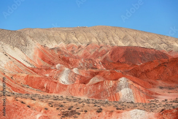 Fototapeta Beautiful mountains with red soil in Khizi. Azerbaijan.