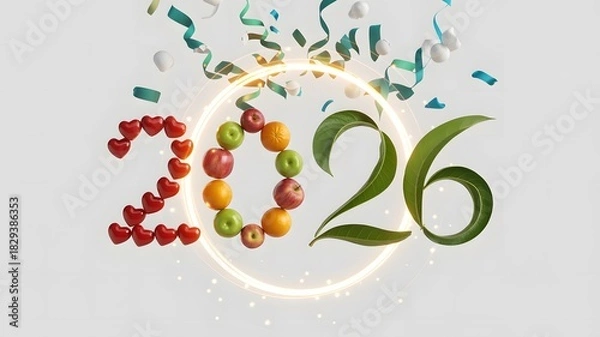 Fototapeta Year 2026 made from fruits and plants over white background with golden circle