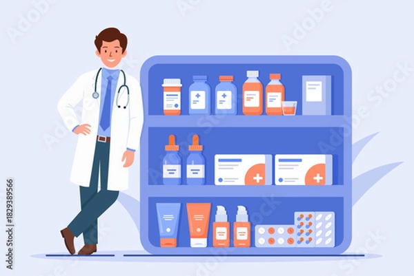 Obraz Smiling male doctor or pharmacist standing next to a fully stocked pharmacy shelf with various medications and health products. Drugstore service illustration concept.