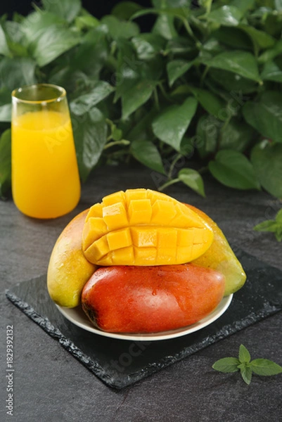 Obraz Fresh Cut Mango Slices with Juice Glass on Dark Slate Natural Background