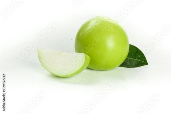 Obraz Fresh Green Jujube Guifei Taiwan Milk Apple Fruit with Slice and Leaf on White Background
