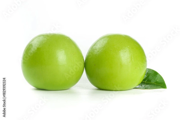 Obraz Fresh Green Taiwan Jujube Fruits Guifei Variety Crisp Sweet Asian Dates with Leaf on White Background