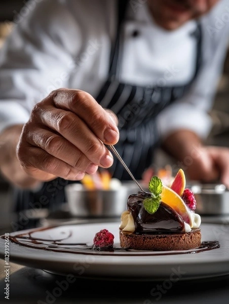 Fototapeta a professional chef delicately garnishes a beautiful dessert plate showcasing culinary artistry and passion for creating exquisite flavors and presentation in fine dining