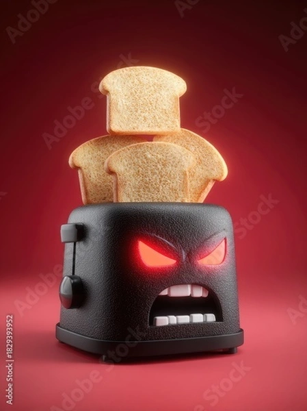Fototapeta Angry Toaster with Toast Popping Out on Red Background.