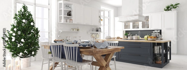 Fototapeta nordic kitchen with christmas decoration. 3d rendering