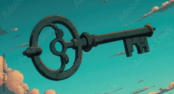 Fototapeta Antique Key Floating in Sky.