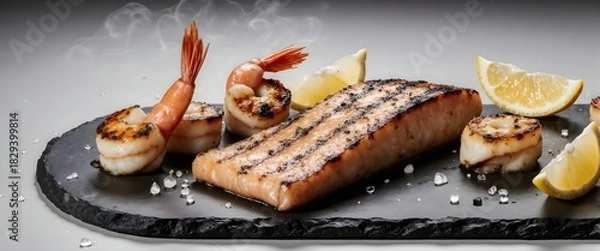 Obraz Premium Studio Shot of Perfectly Seared Grilled Seafood Platter – Salmon, Scallops, and Shrimp on Dark Slate