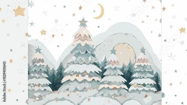 Obraz Charming winter wonderland scene with snowy trees, moon, and stars creating a magical holiday atmosphere