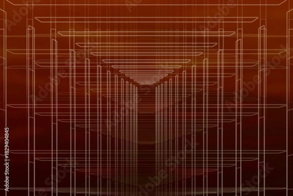 Fototapeta 赤茶～黒色グラデーション地にビルのフロアや外骨組風の白い幾何学的ネオン光ラインアート入りイメージ。