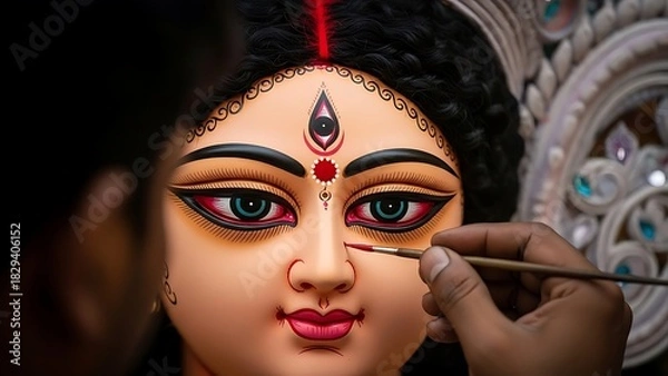 Obraz Close up of durga idol face being painted for durga puja festival