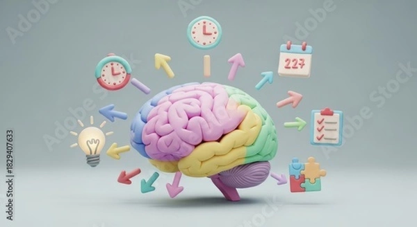 Fototapeta Conceptual artwork illustrating brain function with time management and problem solving symbols