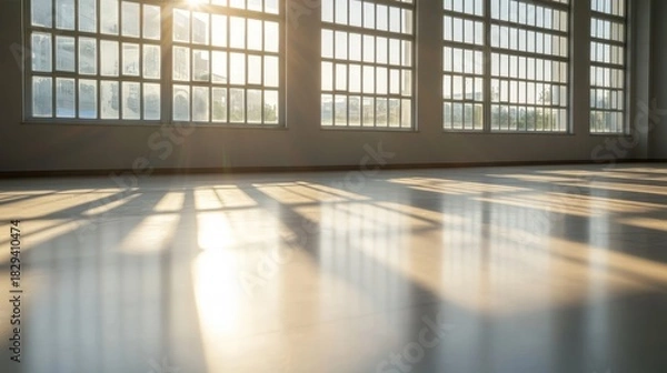 Obraz Sunlight streaming through large windows casting long shadows on a polished floor.
