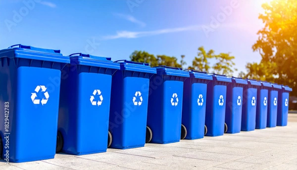 Fototapeta Blue recycling bins row recycle concept waste management system