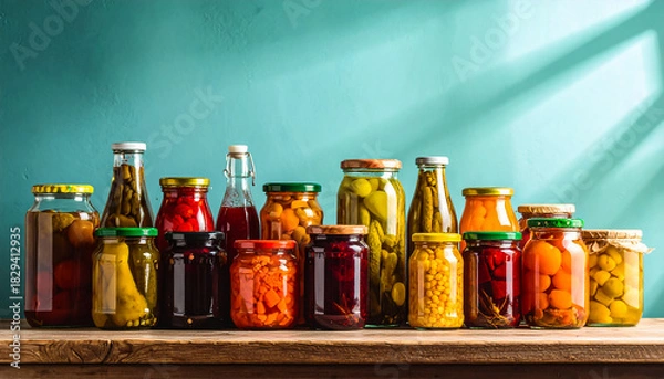Fototapeta Assorted jars of pickled vegetables and fruits on display