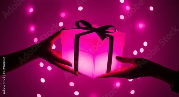 Fototapeta Capturing a moment of festive giving silhouetted hands exchange a vibrant, glowing gift box amidst sparkling lights
