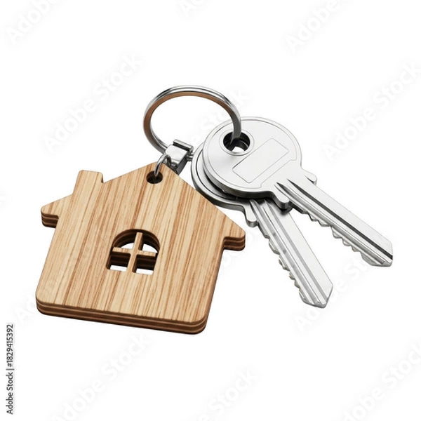 Fototapeta House Keys Real Estate Keys with Wooden House Shape Keyring on Isolated Background