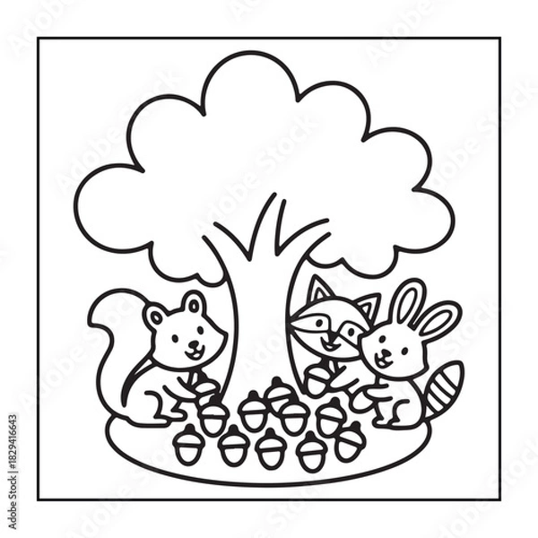 Obraz Kids-friendly group of animals set black and white coloring pages.
