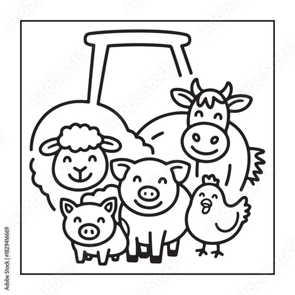 Obraz Kids-friendly group of animals set black and white coloring pages.
