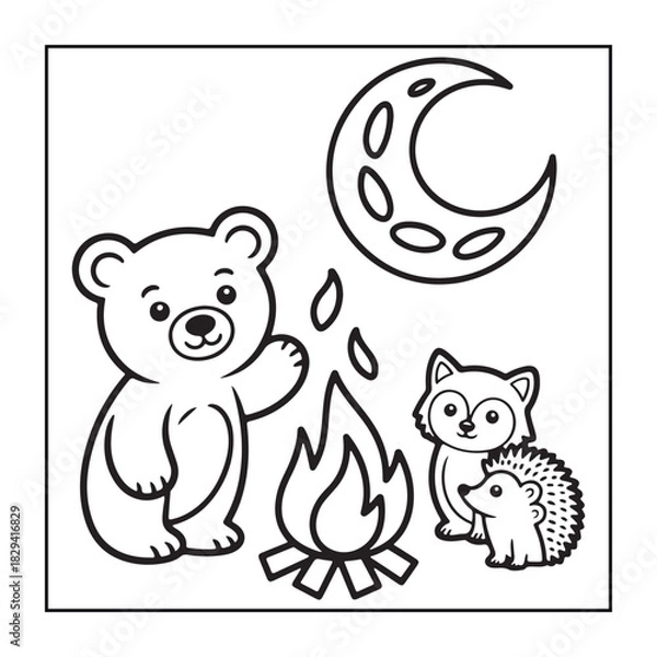 Obraz Kids-friendly group of animals set black and white coloring pages.