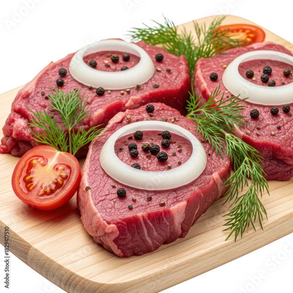 Fototapeta Juicy Raw Beef Steaks on Wooden Cutting Board with Onion and Dill, Gourmet Red Meat Preparation for Grill, Delicious Meal on Checkered Backdrop