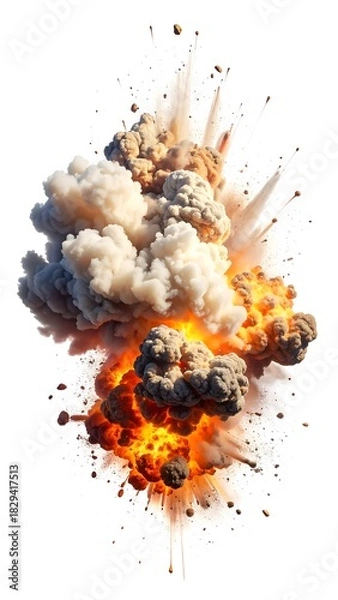 Fototapeta Dramatic, fiery explosion with billowing smoke and debris against white background